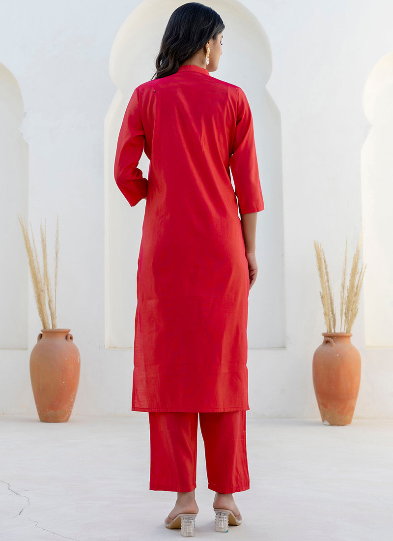 Vellora Shimmer Silk Red Casual Wear Floral Print Readymade Salwar Suit | Grocsy