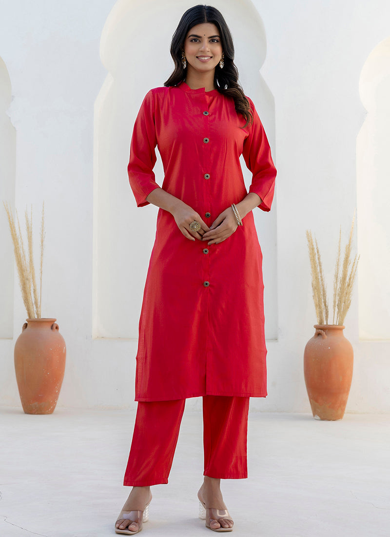 Vellora Shimmer Silk Red Casual Wear Floral Print Readymade Salwar Suit | Grocsy