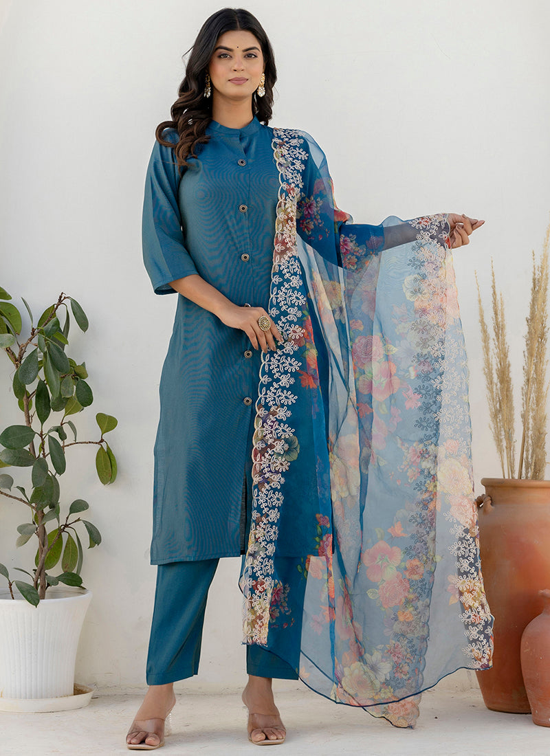 Vellora Shimmer Silk Navy Blue Casual Wear Floral Print Readymade Salwar Suit | Grocsy