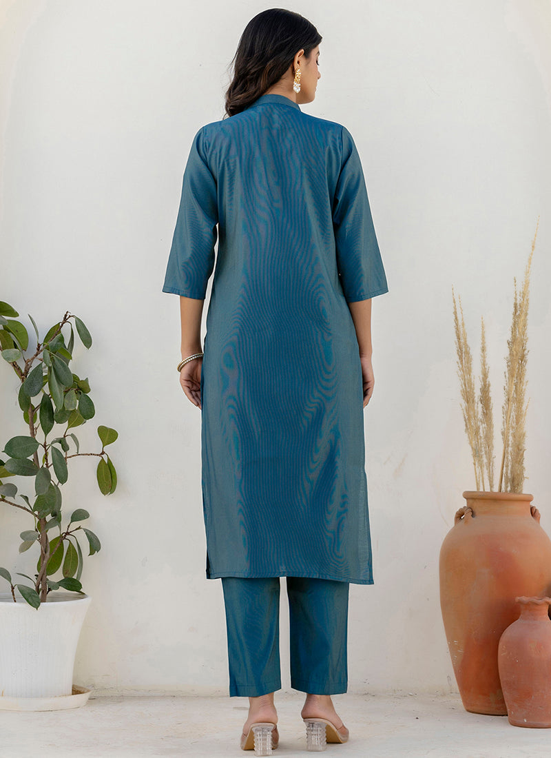 Vellora Shimmer Silk Navy Blue Casual Wear Floral Print Readymade Salwar Suit | Grocsy