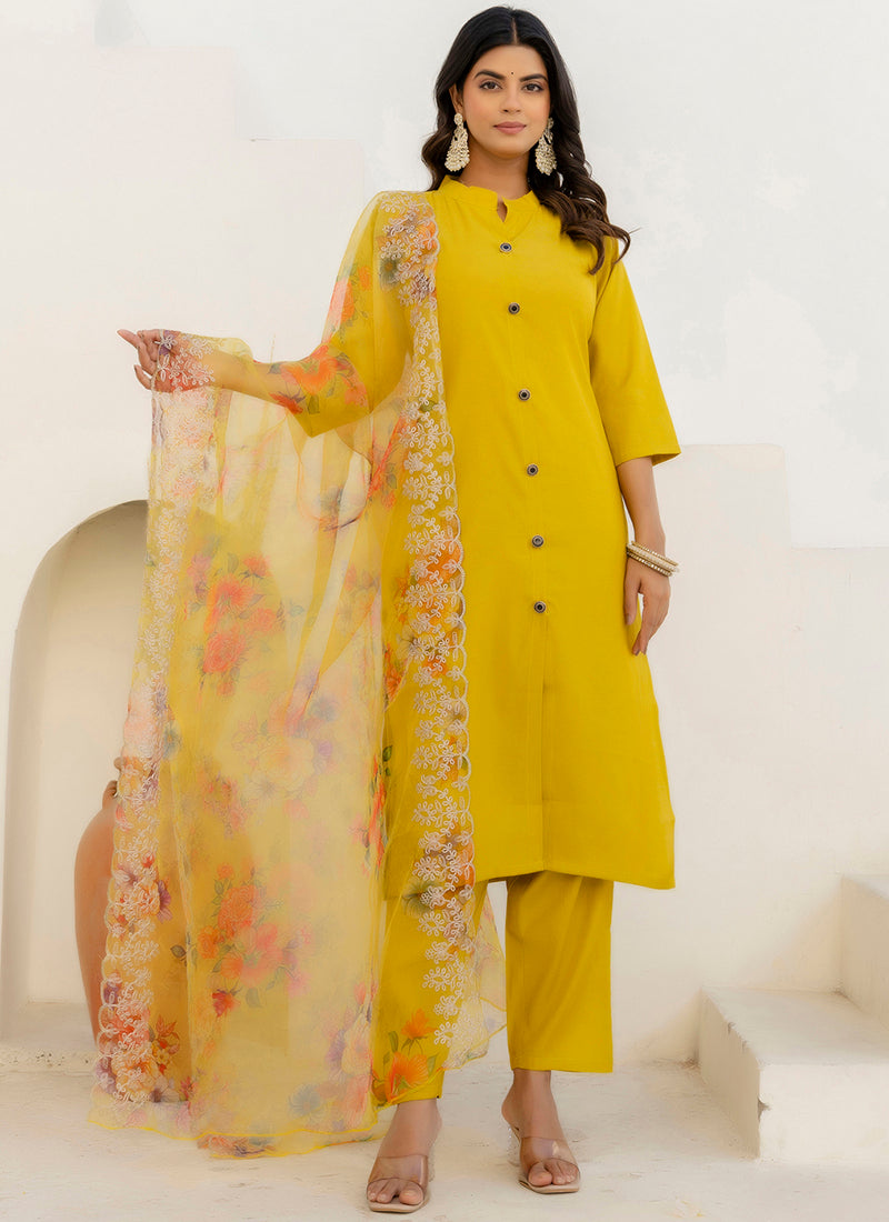 Vellora Shimmer Silk Yellow Casual Wear Floral Print Readymade Salwar Suit | Grocsy