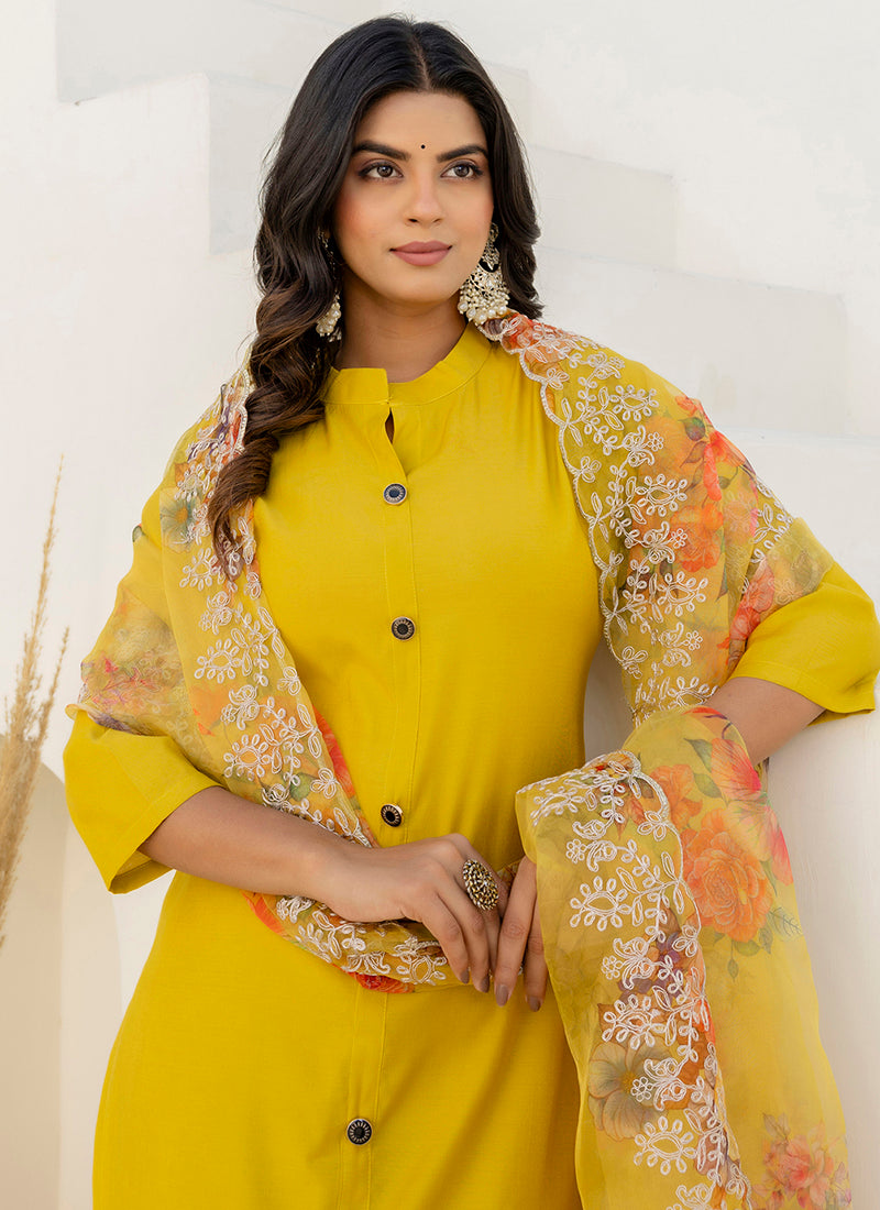 Vellora Shimmer Silk Yellow Casual Wear Floral Print Readymade Salwar Suit | Grocsy
