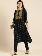 All About You Women Black & Mustard Yellow Printed Kurta with Trousers | Grocsy
