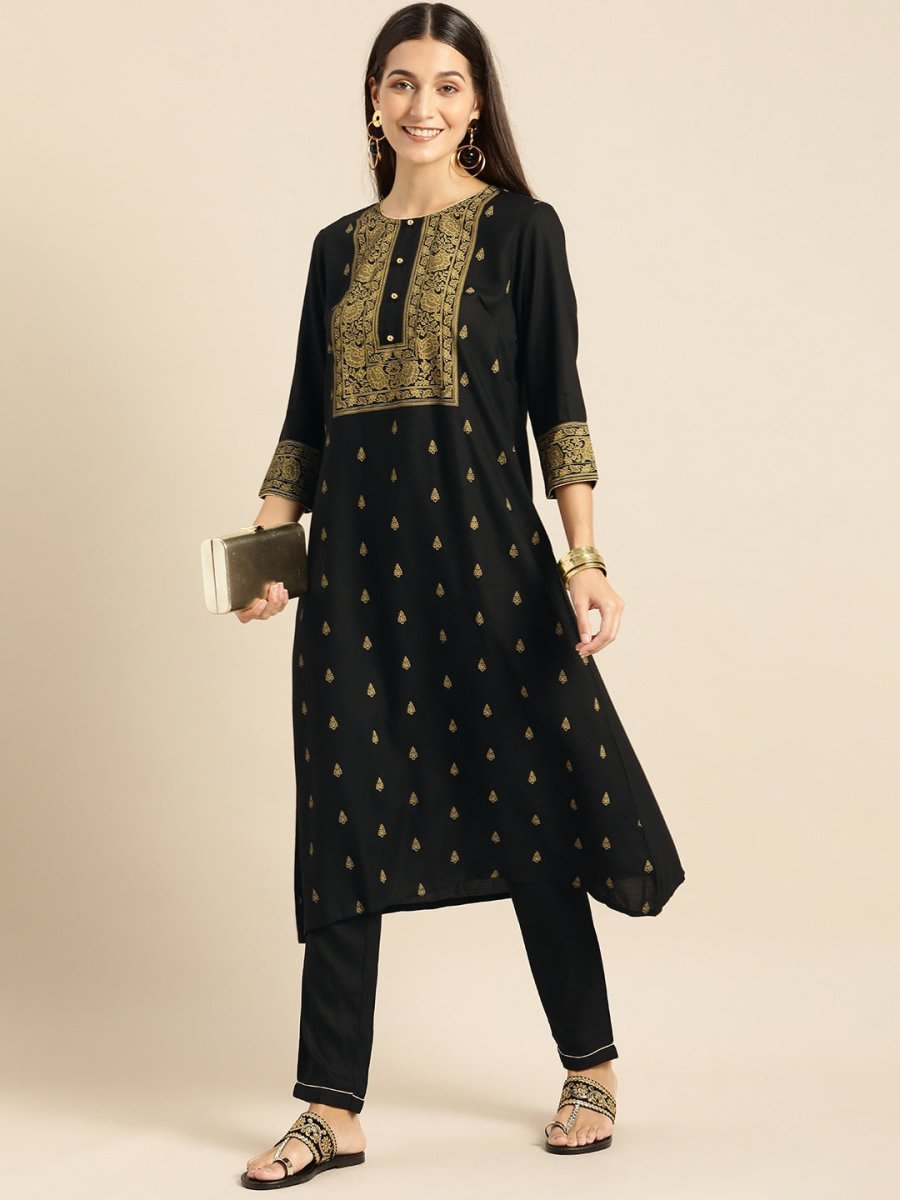 All About You Women Black & Mustard Yellow Printed Kurta with Trousers | Grocsy