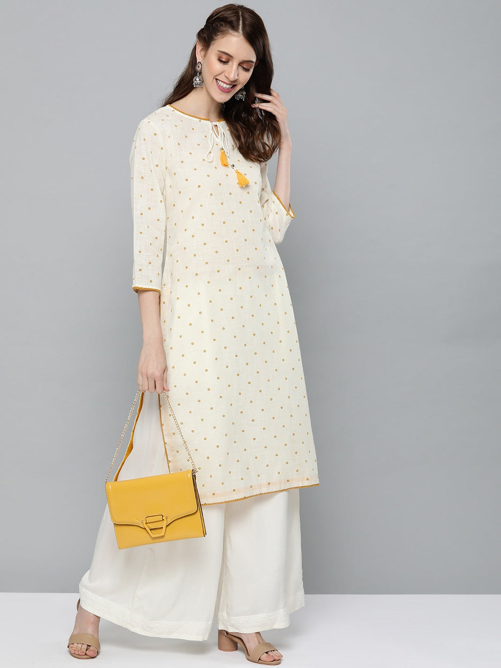 HERE&NOW Women Off-White & Mustard Yellow Geometric Printed Straight Kurta | Grocsy