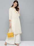 HERE&NOW Women Off-White & Mustard Yellow Geometric Printed Straight Kurta | Grocsy