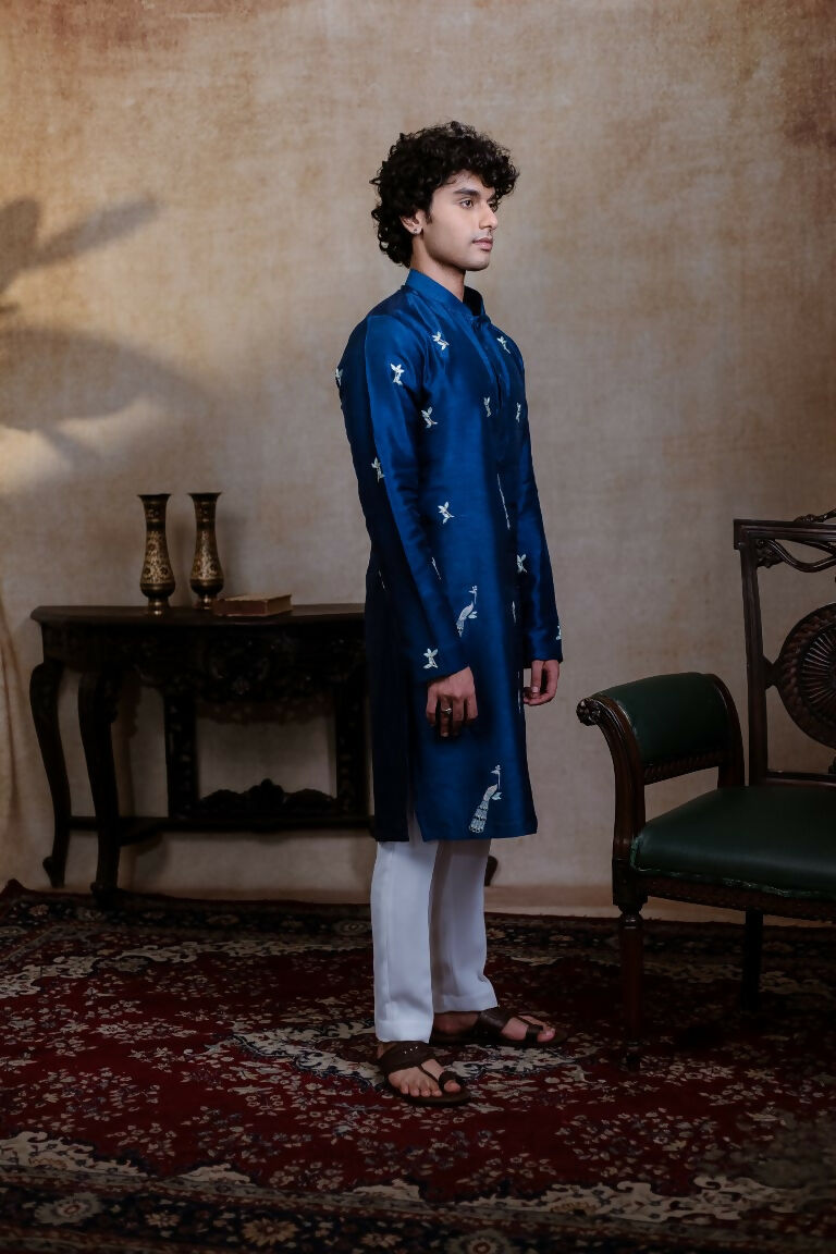Falling Raw Silk Navy Blue Neel Mayura Kurta Set By Hilo Design | Grocsy