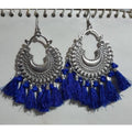 MS Fashion India Half Moon Silver Oxidized Earrings With Blue Color Silk Threads | Grocsy