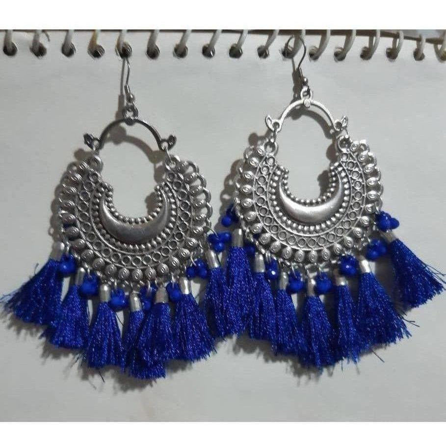 MS Fashion India Half Moon Silver Oxidized Earrings With Blue Color Silk Threads | Grocsy
