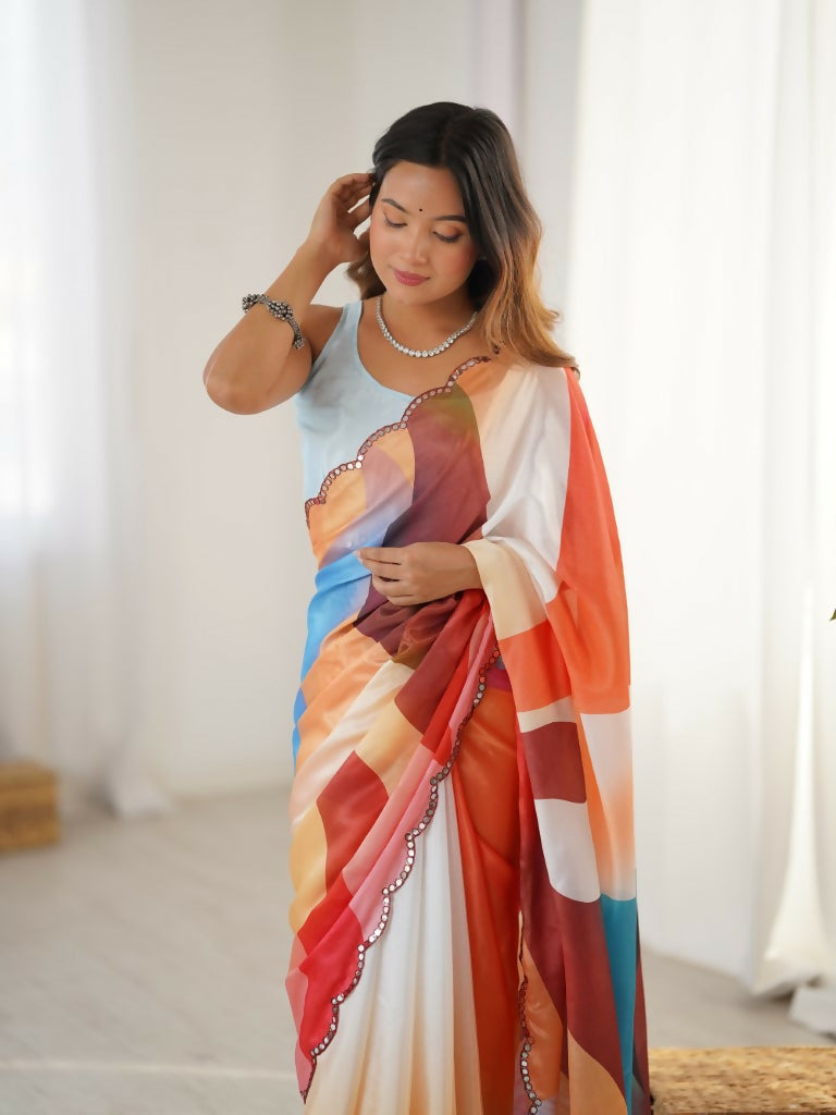 Multi Chinon Designer Digital Printed,Mirror Cut Work Saree - Sohni | Grocsy