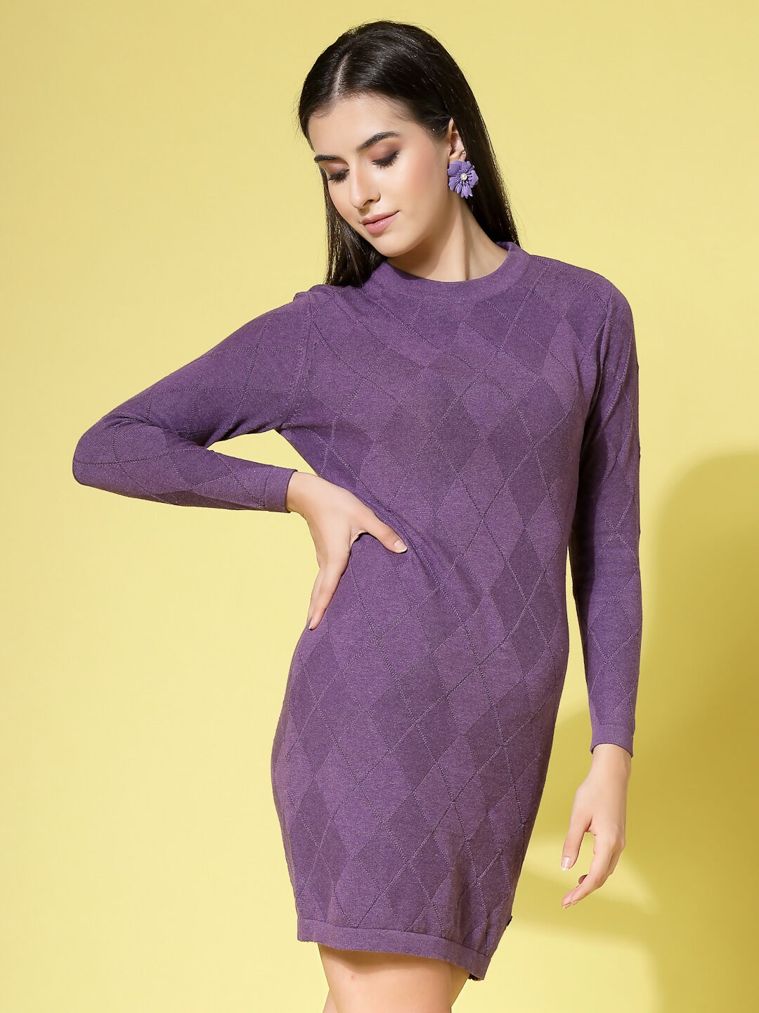 Women Winter Purple Cotton Dress - Wool Trees | Grocsy