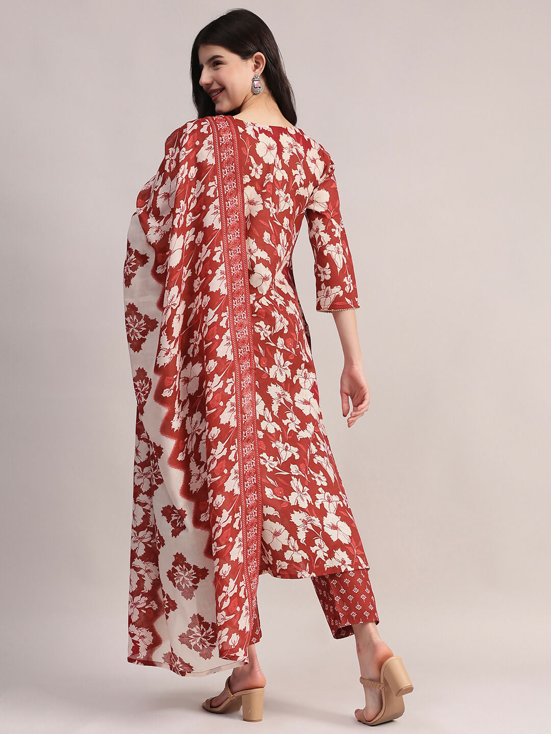 Aavyora Women Maroon Floral Printed Kurta with Printed Pants & Dupatta Set | Grocsy