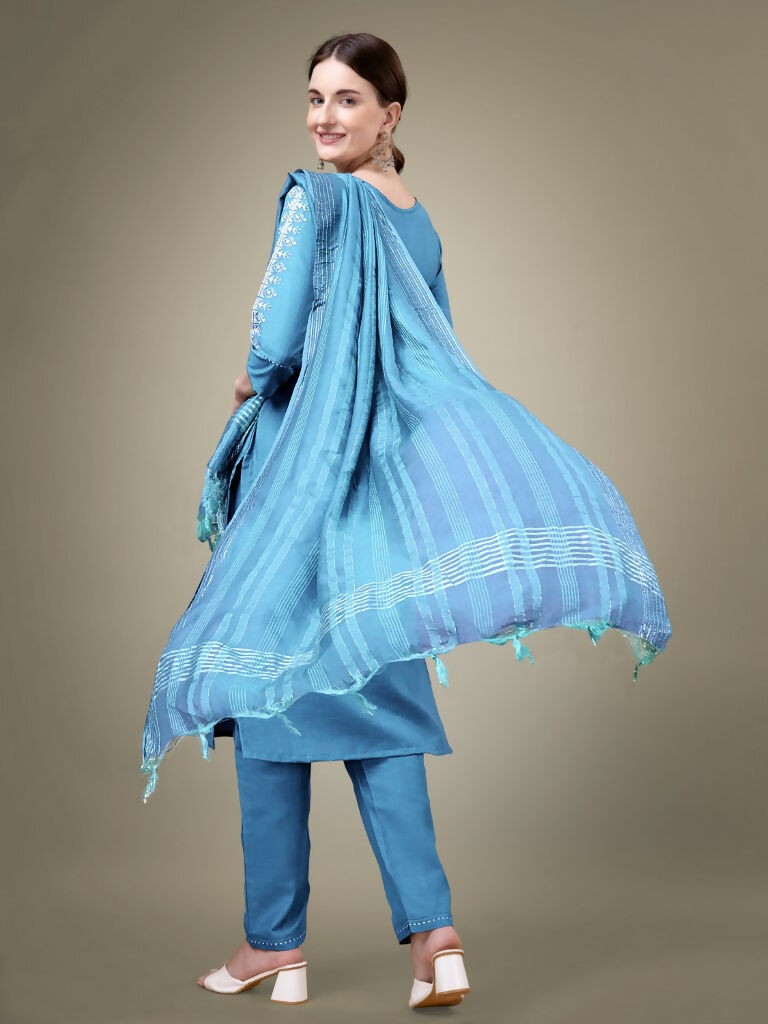 Jyoti Fashion Women's Sky Blue Cotton Blend Embroidery & Sequence work Kurta with Trouser & Dupatta | Grocsy