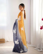 Orange and Grey Crunchy Crush Pedding Color Embroidery Work Party Wear Saree - Zuleika | Grocsy