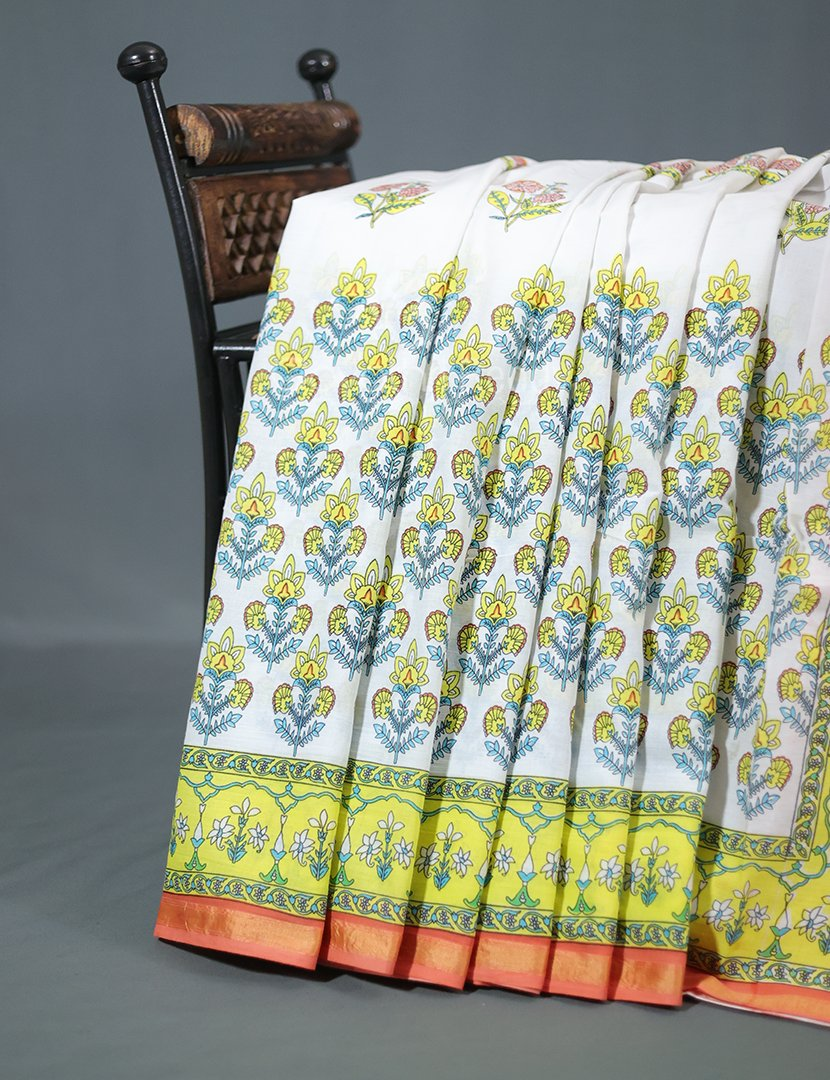 Creame Coloured Combination Printed Cotton Saree By Gayathri Reddy Designer Studio | Grocsy