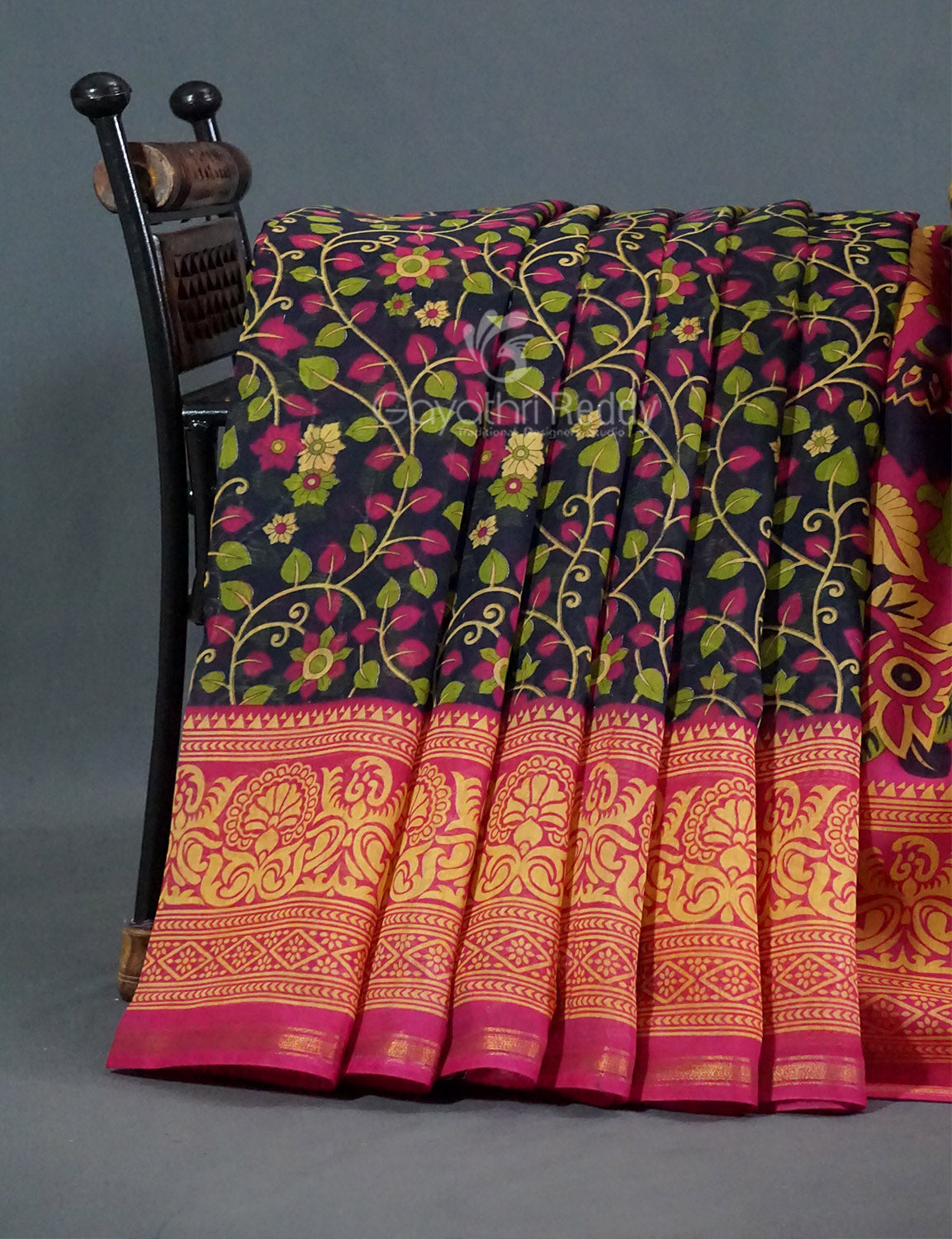 Shades of Navy Blue Colour Kalamkari Design Semi Chanderi Saree By Gayathri Reddy Designer Studio | Grocsy