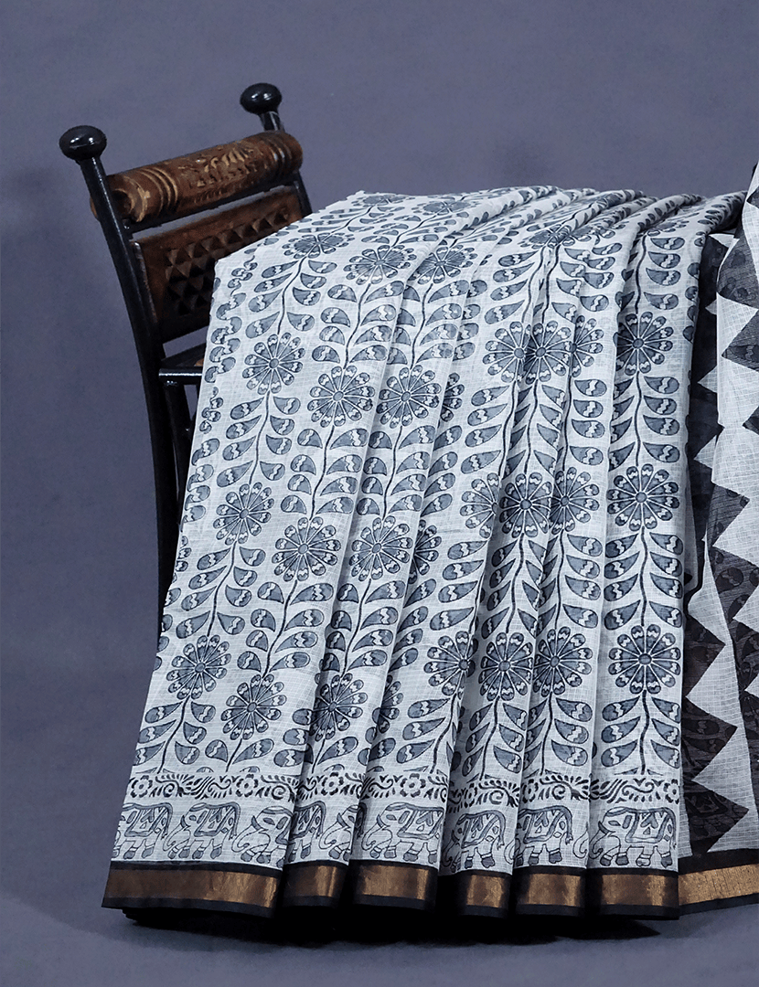 White And Grey Colour Block Print Pure Kota Cotton Saree By Gayathri Reddy Designer Studio | Grocsy