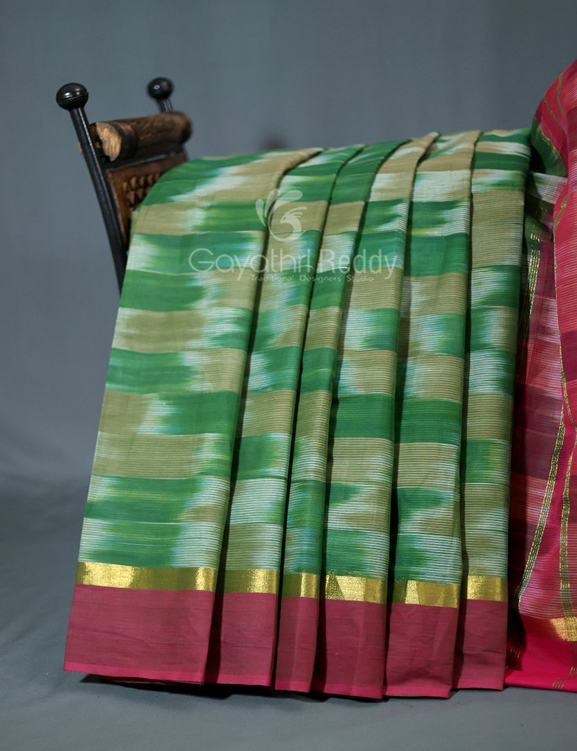 Dual Shades of Mango Green And Mustard Mangalagiri Ikkat Cotton Saree By Gayathri Reddy Designer Studio | Grocsy