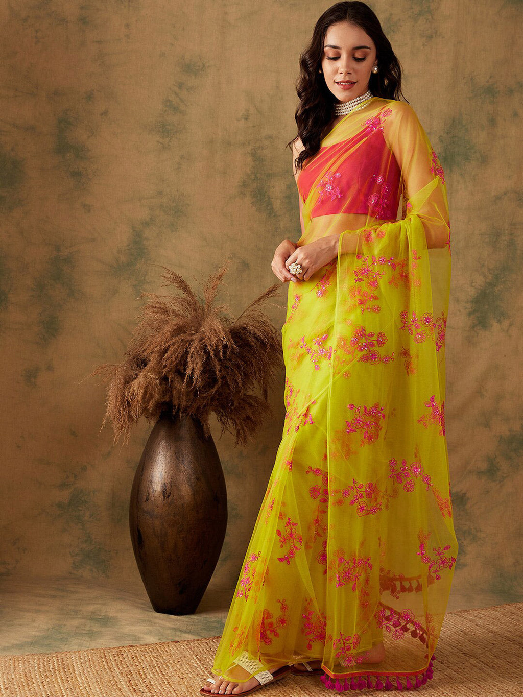 Sangria Floral Embroidered Sequins Details Net Saree | Grocsy