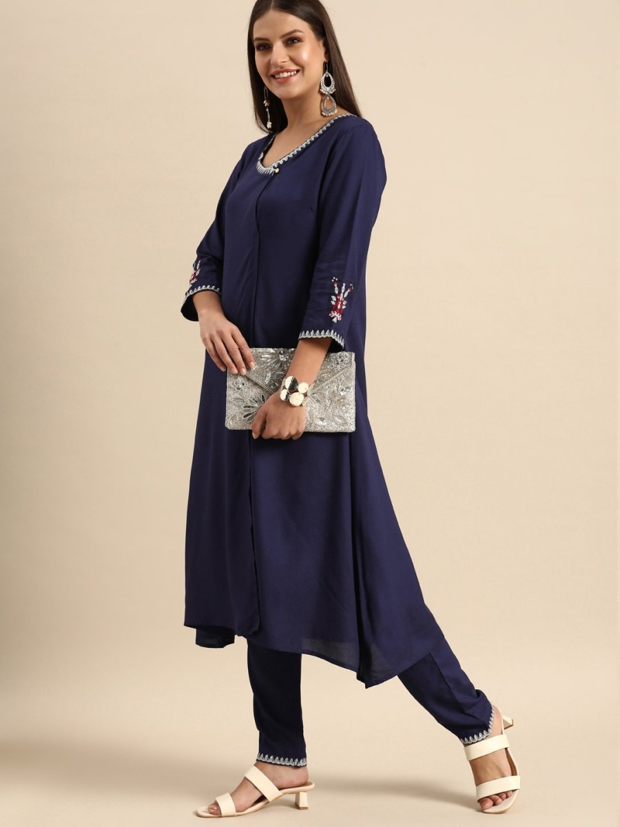 All About You Women Navy Blue Embroidered Kurta with Trousers | Grocsy