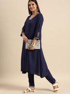 All About You Women Navy Blue Embroidered Kurta with Trousers | Grocsy