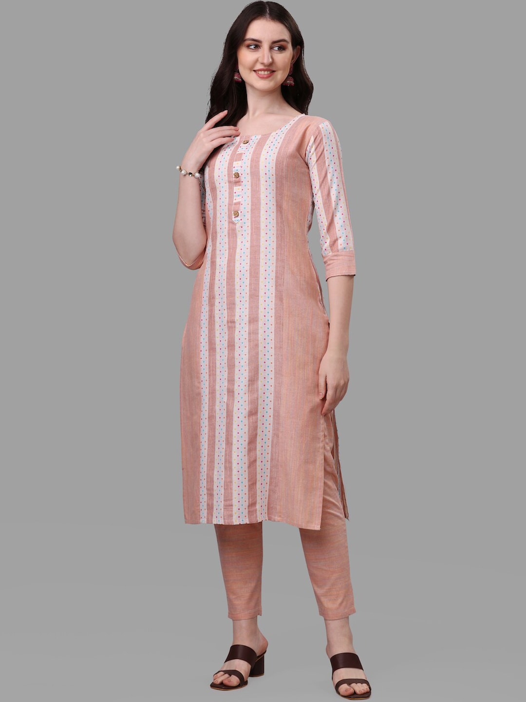 HERE&NOW Peach & White Striped Pure Cotton Kurta With Trousers & Dupatta | Grocsy