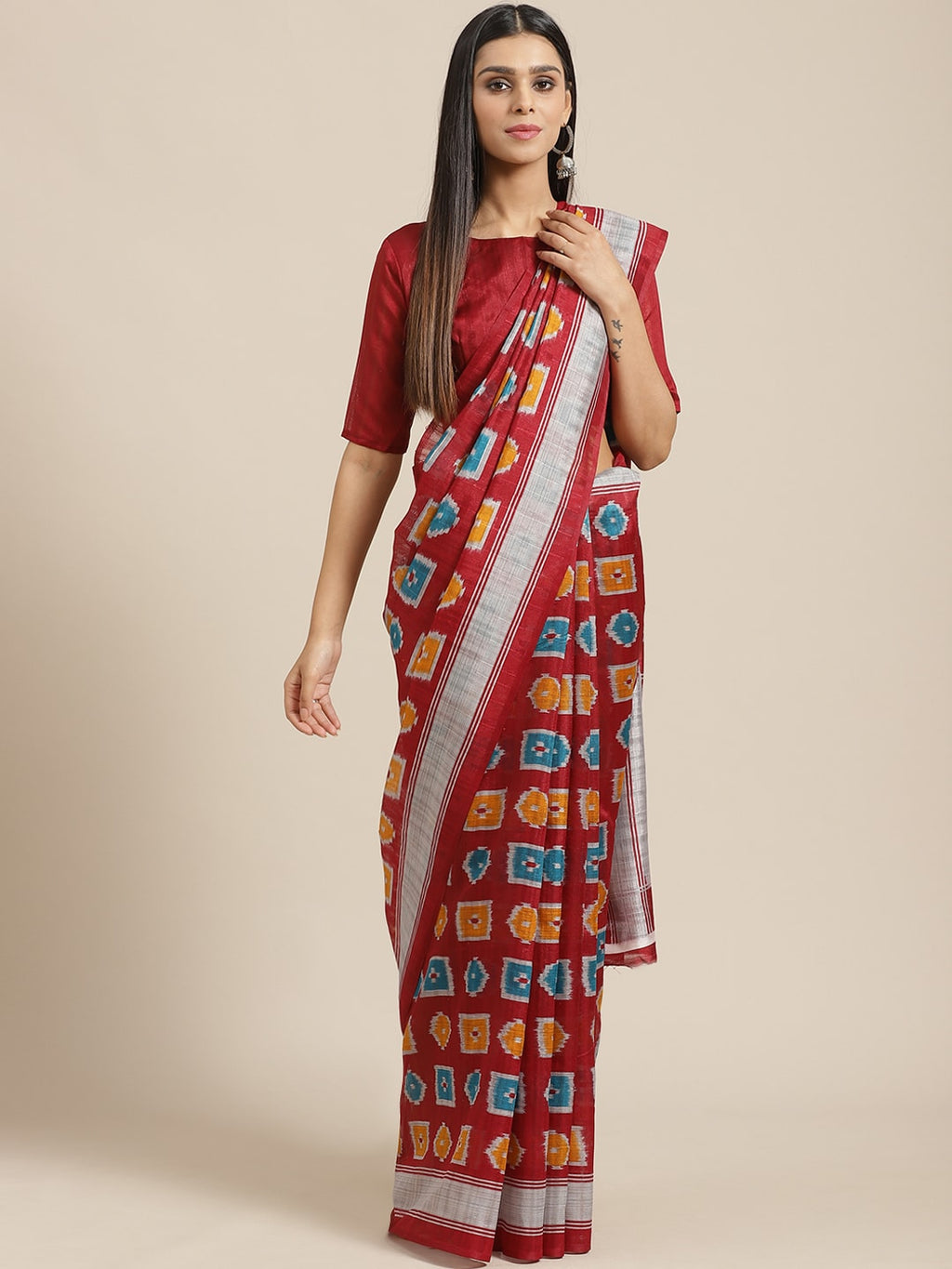 Saree Mall Maroon & Blue Printed Bhagalpuri Saree | Grocsy