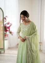 Teeya Creation Pista Color Faux georgette Embroidery Work Wedding Wear Gown | Grocsy