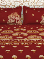 SPACES Red & Yellow Ethnic Motifs Cotton 210 TC King Bedsheet With 2 Pillow Covers | Grocsy