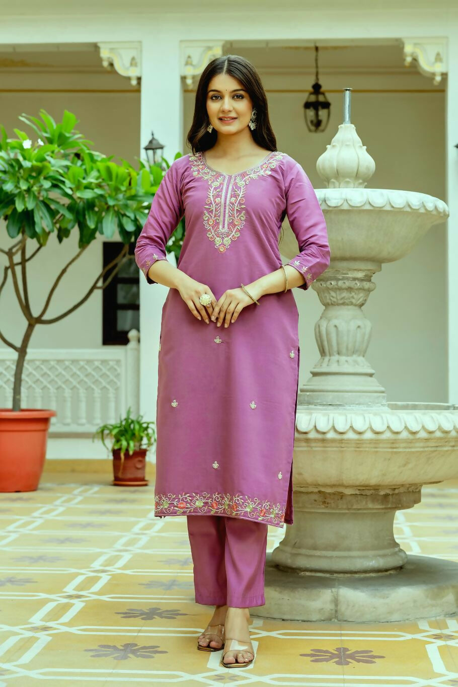 The52 Purple Women's Beautiful Embroidered Viscose Chanderi Silk Fabric with Straight Kurta, Pant and Dupatta Set | Grocsy