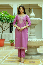 The52 Purple Women's Beautiful Embroidered Viscose Chanderi Silk Fabric with Straight Kurta, Pant and Dupatta Set | Grocsy