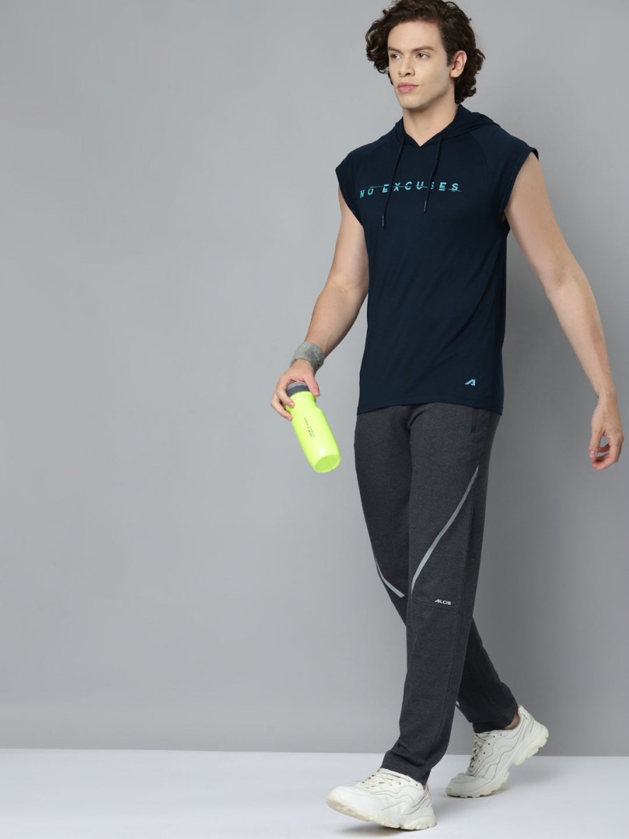 Alcis Men Navy Blue Typography Printed Slim Fit Running T-shirt | Grocsy