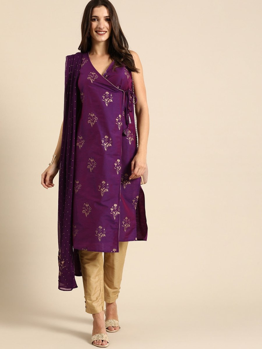 All About You Women Purple Ethnic Motifs Foil Printed Angrakha Kurta Set | Grocsy