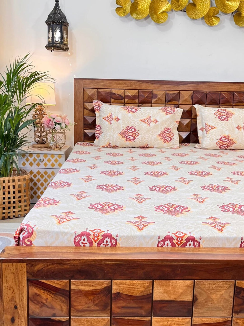 URBAN SPACE Divine White Ethnic Motifs 144 TC Cotton Queen Bedsheet & 2 Pillow Covers | Grocsy