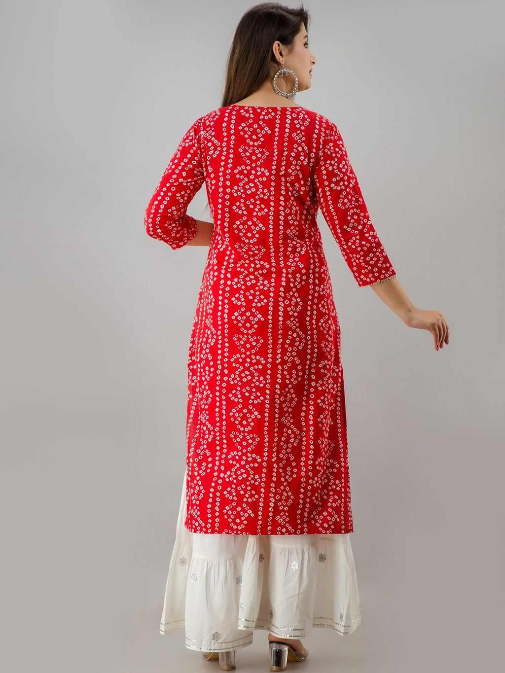 HERE&NOW Red & White Bandhani Printed Gotta Patti Straight Kurta | Grocsy