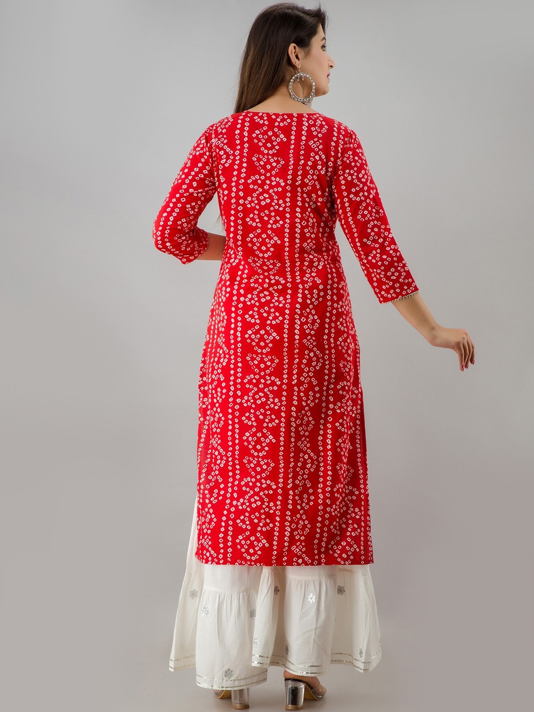 HERE&NOW Red & White Bandhani Printed Gotta Patti Straight Kurta | Grocsy