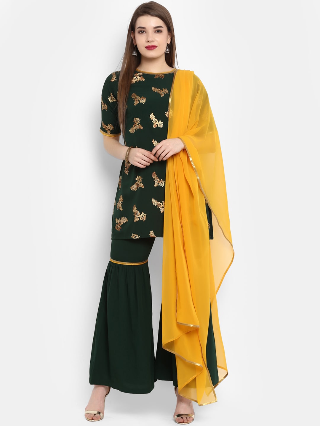 Janasya Women Green & Orange Printed Kurta with Sharara & Dupatta | Grocsy