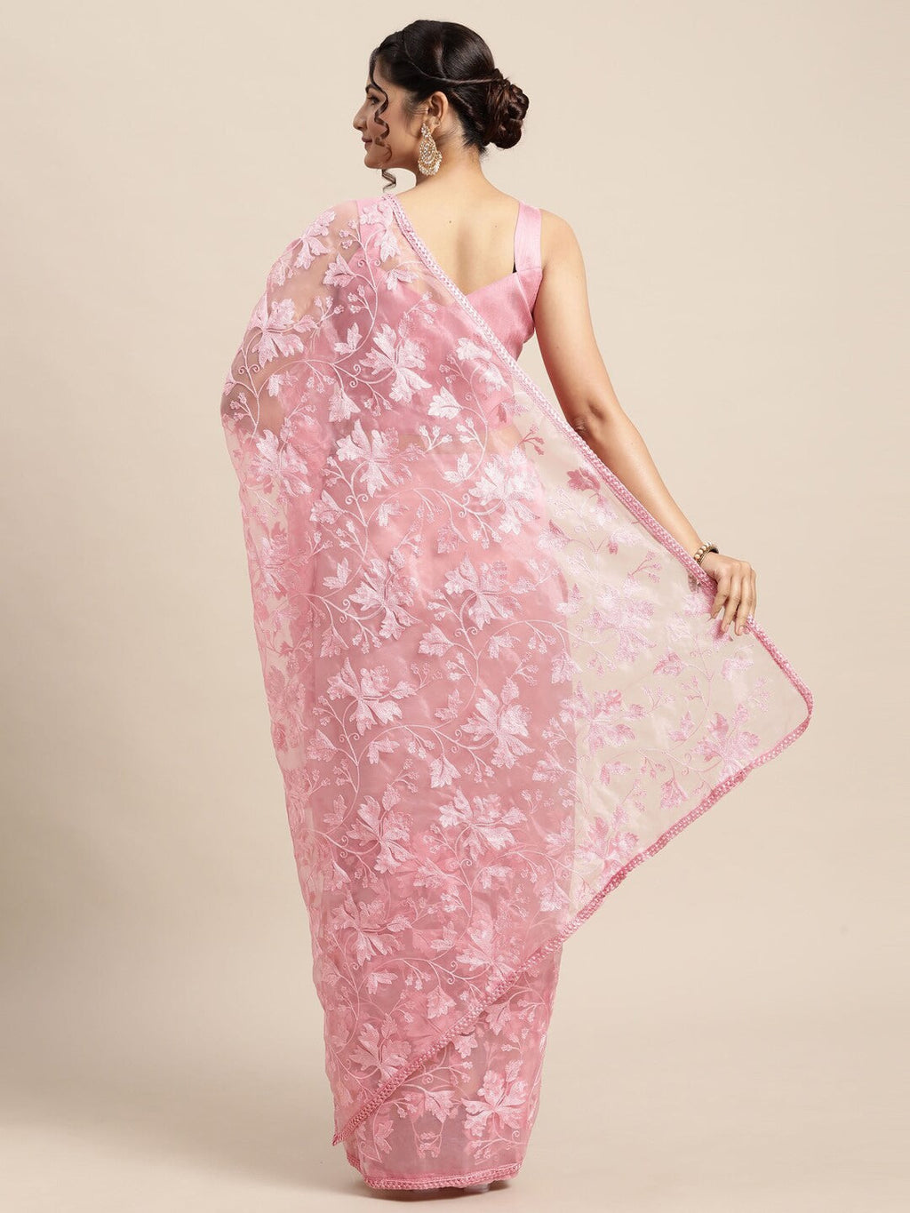 Saree Mall Pink Floral Embroidered Organza Sarees | Grocsy