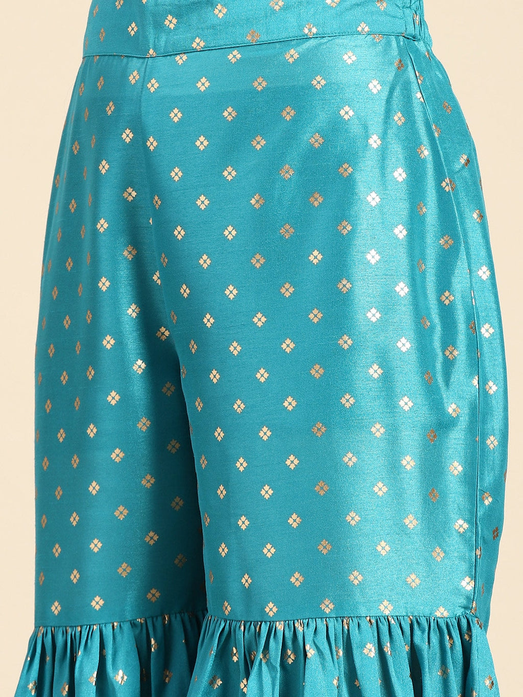 Sangria Women Blue & Golden Ethnic Motifs Printed Kurta with Sharara & Dupatta | Grocsy