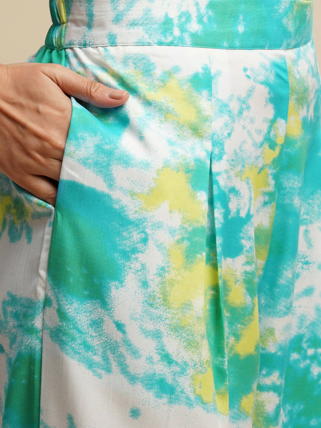 Sky Blue Poly Rayon Tie and dye Printed Top with Matching Trouser - Shivani | Grocsy