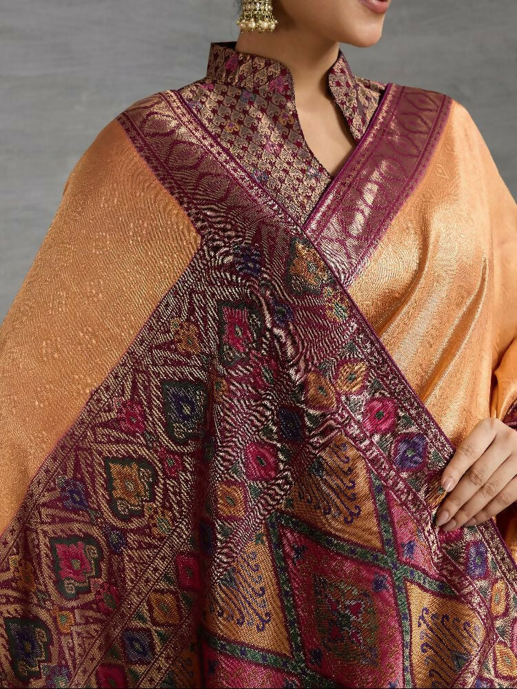 PR Fashion Coffee Kanjivaram Soft Silk Kadiyal Pattern Double Zari Woven Patta, Meenakari Woven Pallu Saree | Grocsy