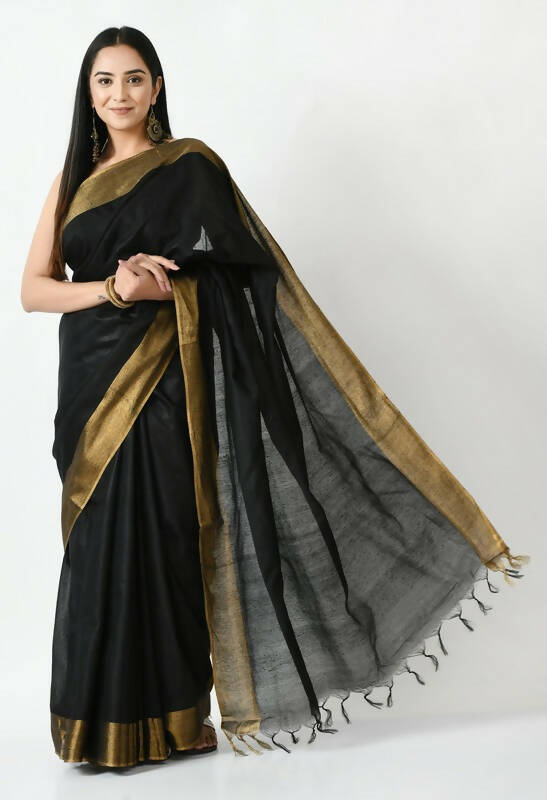 Mominos Fashion Moeza Black Bhagalpuri Handloom Silk Jay Shree Saree with unstitched Blouse piece | Grocsy