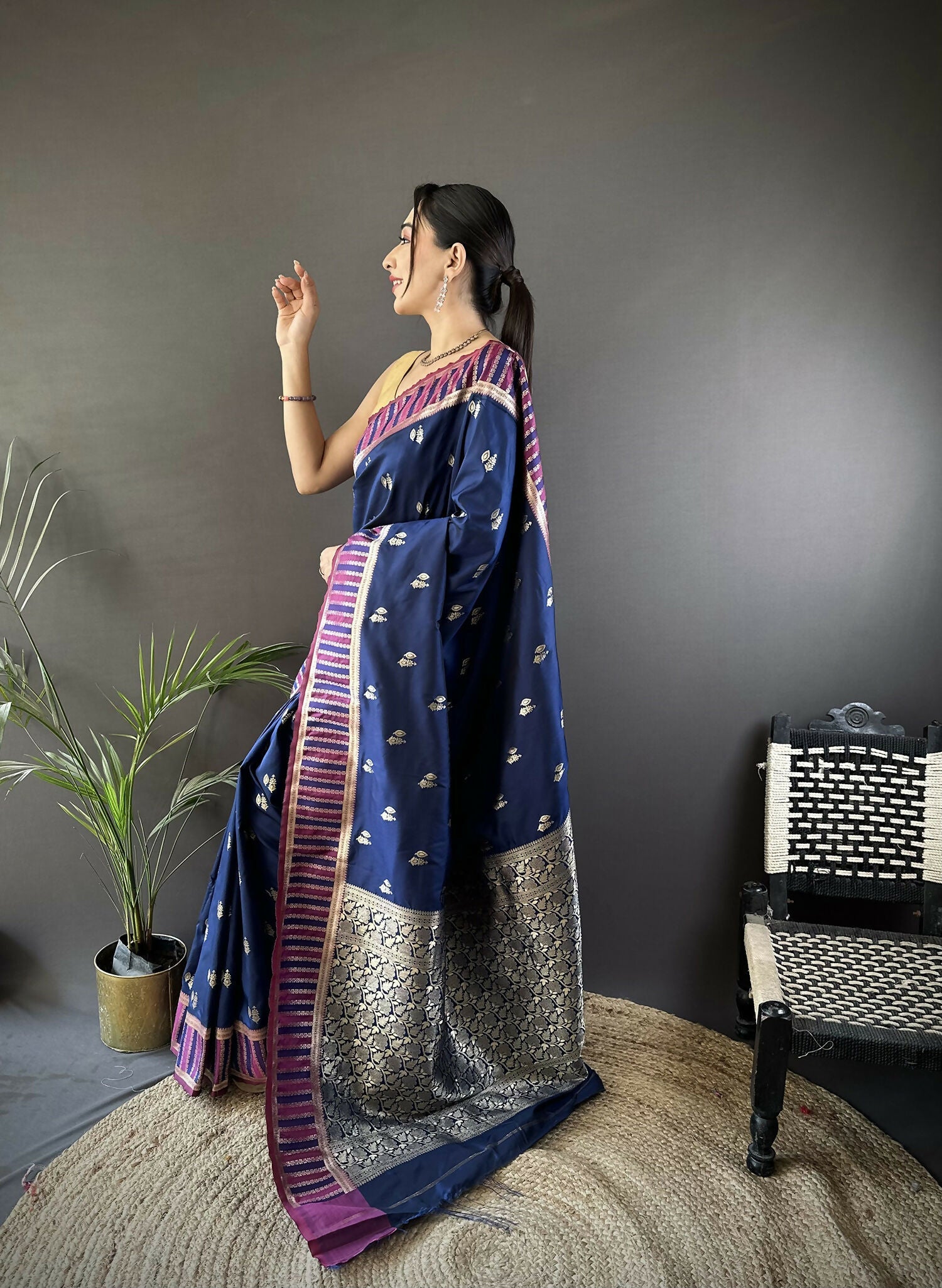 Joban Fashion Royal Blue Woven Zari Motifs Lichi Silk Banarasi Silk Saree | Grocsy