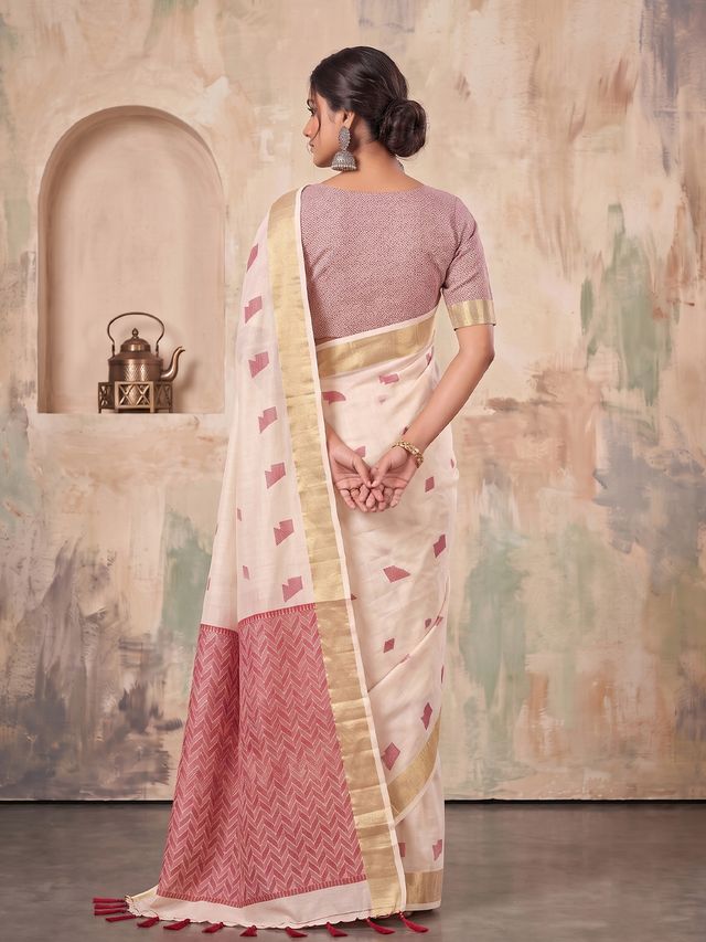 Shree Shyam Fashion Cream Woven Work Linen Fabric Daily Wear Saree With Blouse | Grocsy