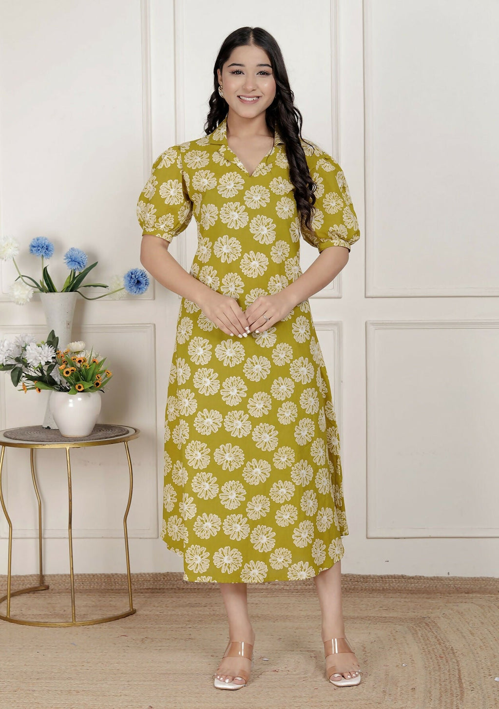 Miravan Women'S Yellow Printed Puff Sleeve Floral Maxi Party Dress | Grocsy