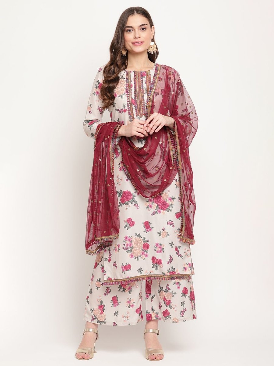 Ahalyaa Women Beige Floral Printed Regular Gotta Patti Kurta with Palazzos & With Dupatta | Grocsy