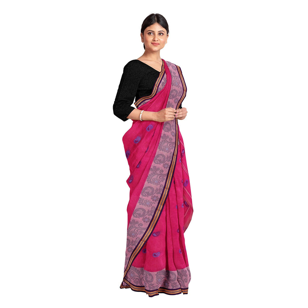 Exclusive Collection 100% Pure Cotton Pink Tant Saree With Hand Weaving Work | Grocsy