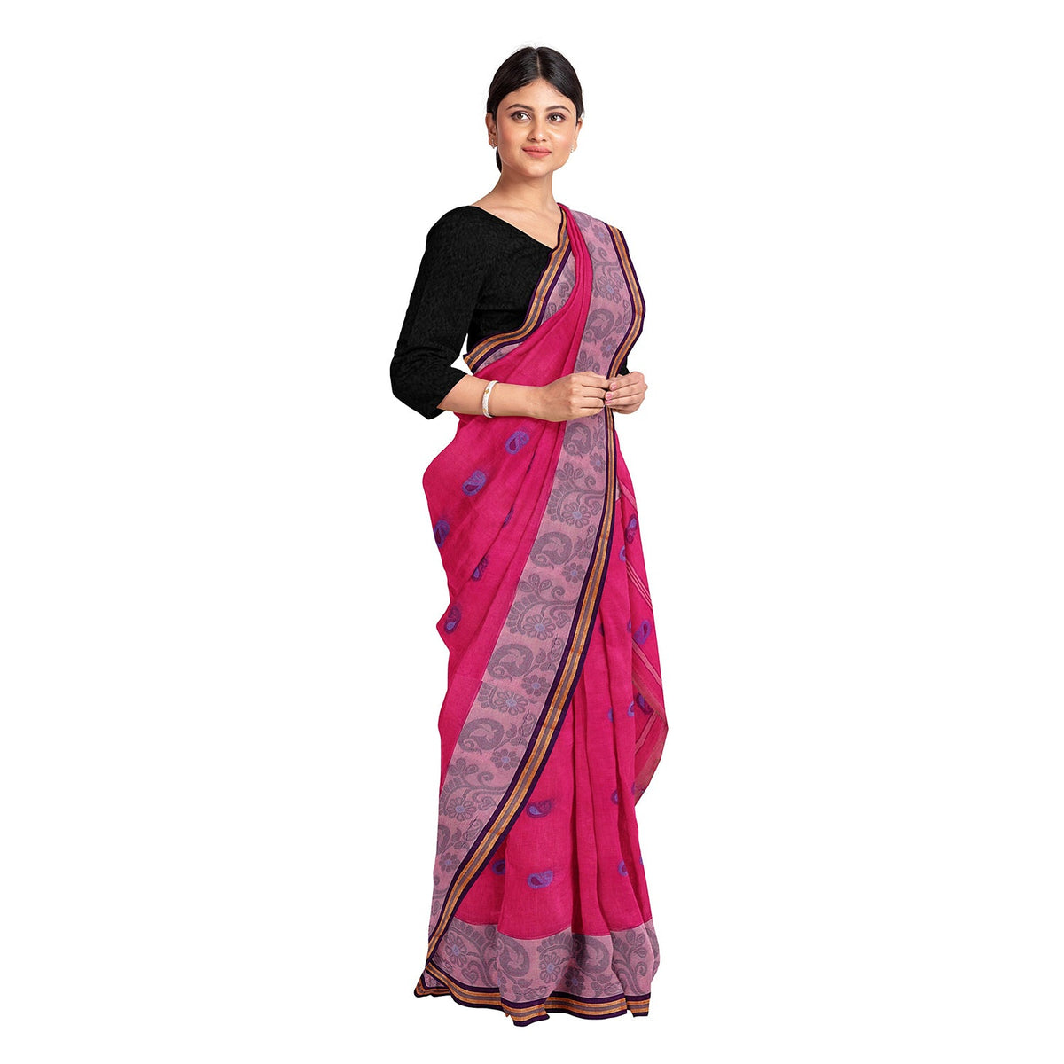 Exclusive Collection 100% Pure Cotton Pink Tant Saree With Hand Weaving Work | Grocsy