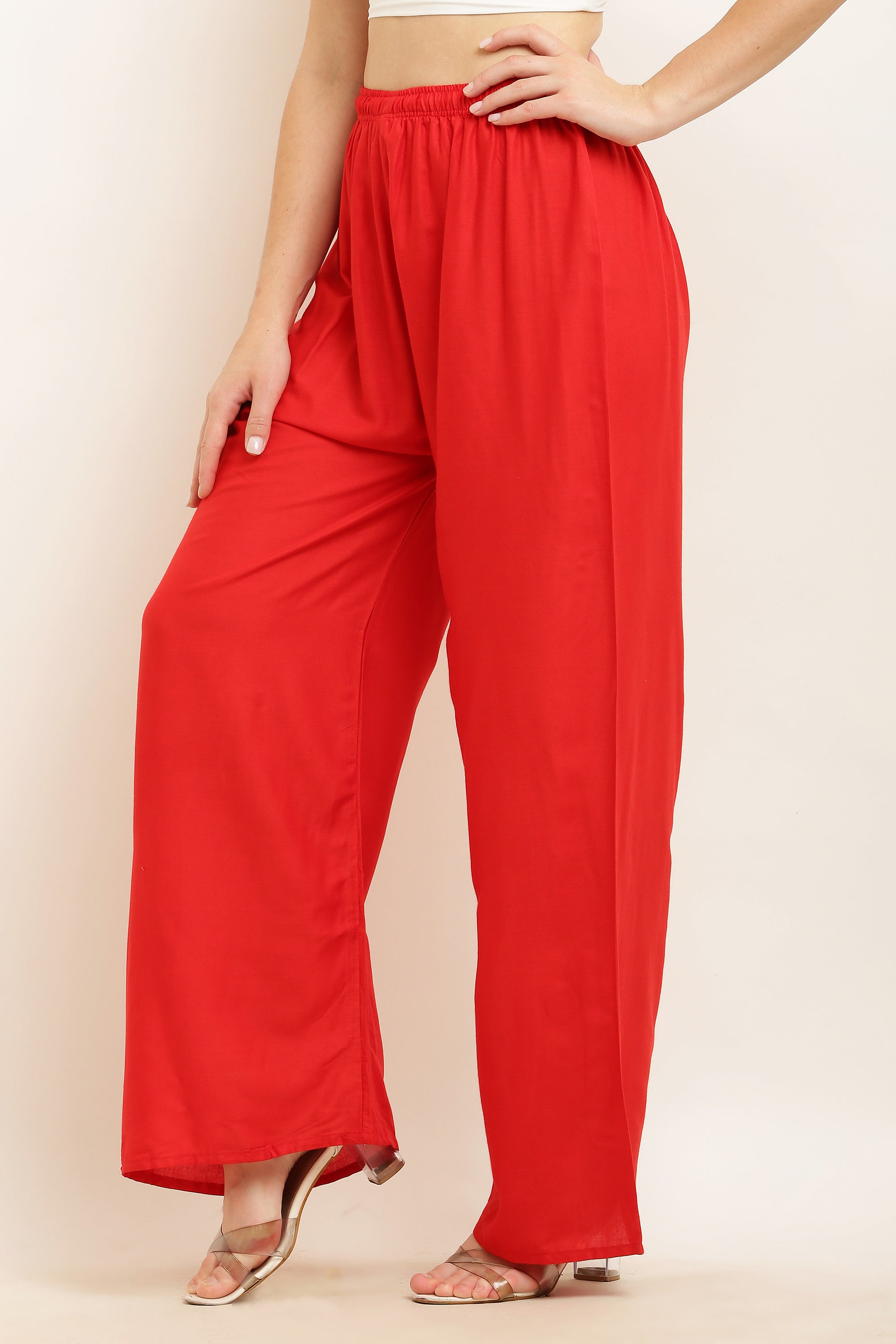 PAVONINE Red Color Straight Fit Rayon Fabric Palazzo | Grocsy