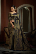 Vardha Oxford Blue Golden Zari Kanjeevaram Silk Saree | Grocsy